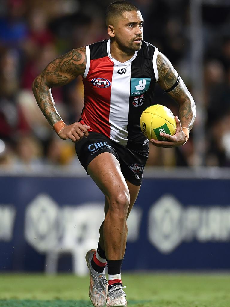 Bradley Hill in action for Saints at Cazaly's Stadium in June. (Photo by Albert Perez/AFL Photos/via Getty Images)