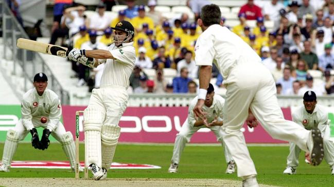 Australia’s Justin Langer plays a pull shot off the bowling of England’s Andrew Caddick on the first day of the Fifth Test of the 2001 Ashes at The Oval in London. Picture: AP