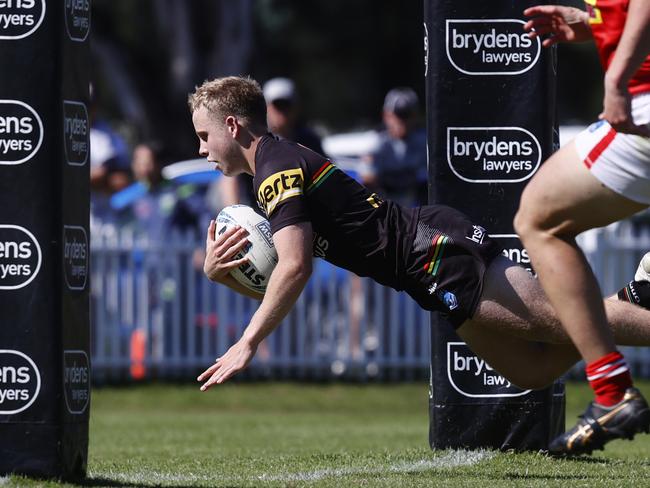 DAILY TELEGRAPH 15TH APRIL 2022Pictured at Ringrose Park in Wentworthville in western Sydney is Luke Hanson scoring for the Penrith Panthers in their game against Illawarra Steelers during their finals game for the SG Ball Cup.Picture: Richard Dobson