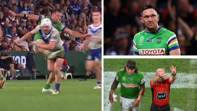 The Raiders had two sin bins early but there were questions over Jordan Rapana's late trip. Photo: Fox Sports and Getty Images