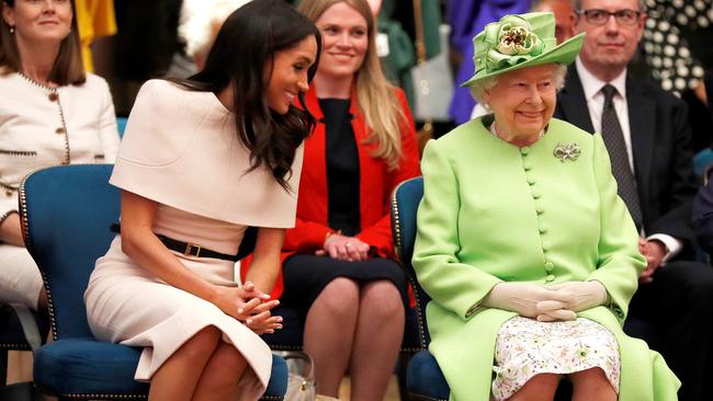 It was during this trip to Chester with the Queen that people first noticed Meghan’s strange new inflections. Picture: Phil Noble — WPA Pool/Getty Images