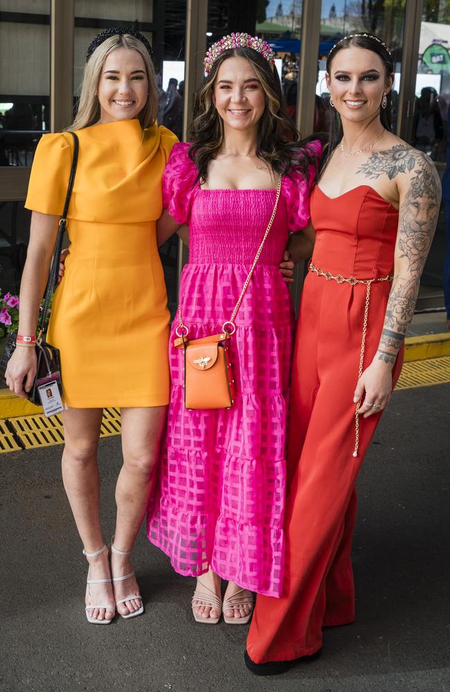 At 2023 Audi Centre Toowoomba Weetwood race day are (from left) Olivia Webb, Sariah Champkin and Samantha Pointon. Picture: Kevin Farmer