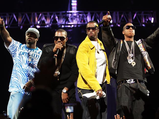 50 Cent, Kanye West, Diddy, and Jay-Z perform onstage in New York in 2007. Picture: Getty Images