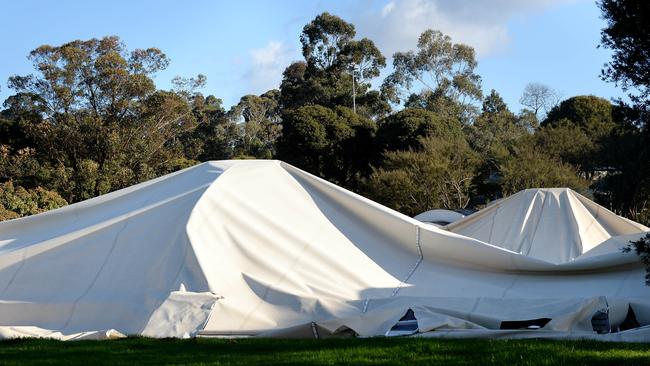 The large dome of the Kilsyth Centenary Swimming Pool has collapsed onto the swimming pool beneath after allegedly being deliberately damaged by vandals. Picture: Steve Tanner