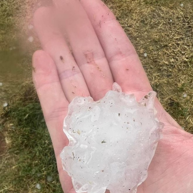 Giant hail that fell at Burncluith on the western Darling Downs on Sunday afternoon. Picture: Tanya Rogers/Who Got The Rain?