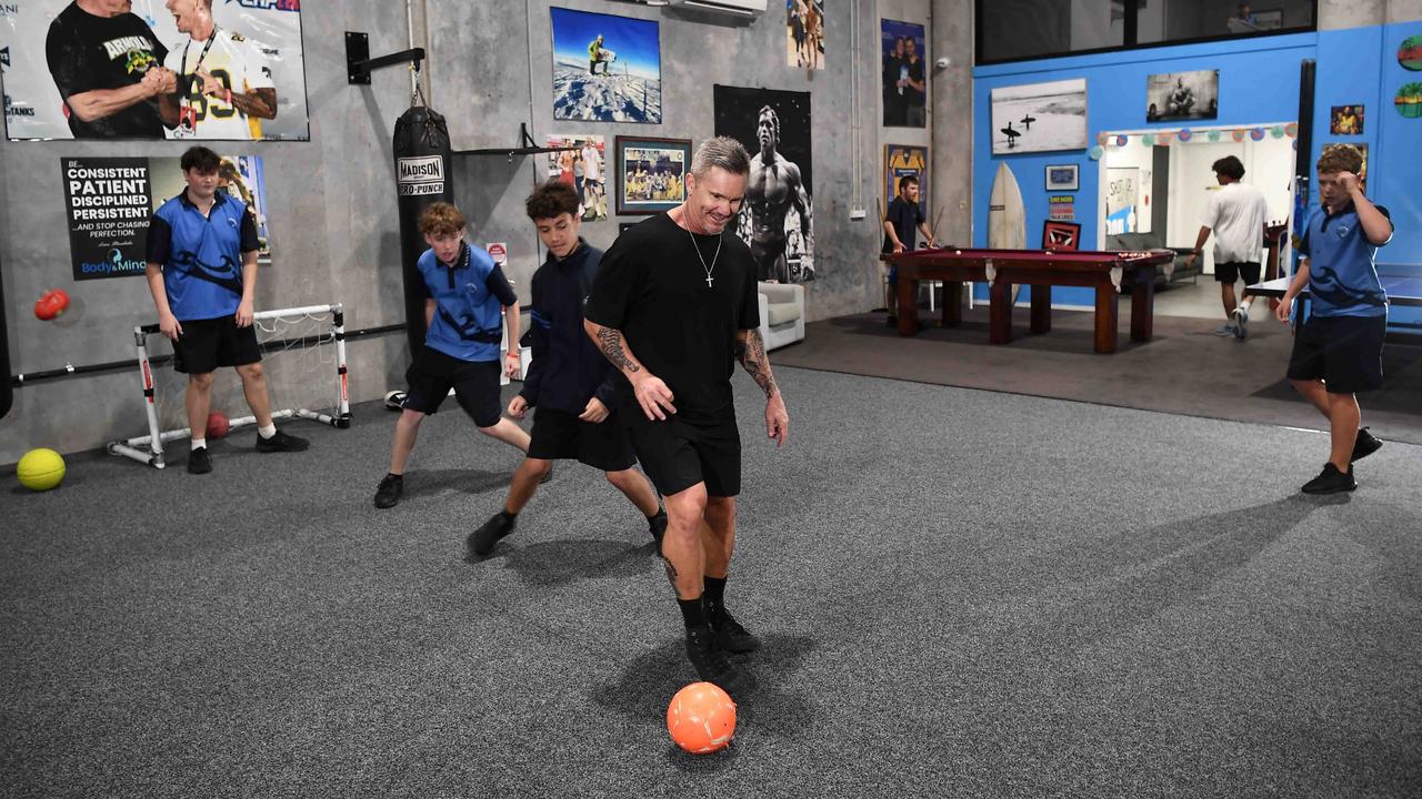 Playing indoor football with the boys. Picture: Patrick Woods.