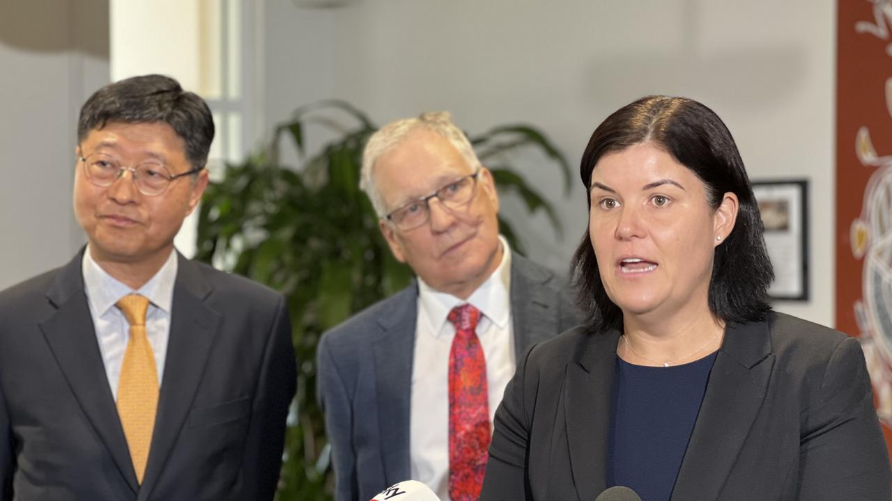 Samsung C&amp;T Engineering and Construction CEO Sechul Oh, consultant Bill Forwood and Chief Minister Natasha Fyles announce an MOU to develop a green energy project in the Northern Territory. Picture: Fia Walsh.