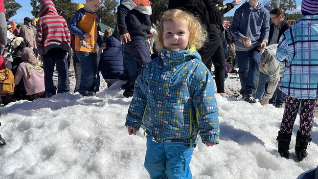 Three-year-old Adeline Kippen sees snow for the first time at the Snowflakes in Stanthorpe 2021 festival. Photo: Madison Mifsud-Ure / Stanthorpe Border Post