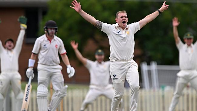 Northcote’s Jonty Rushton asks for the umpire’s opinion on an lbw decision. Picture: Andy Brownbill