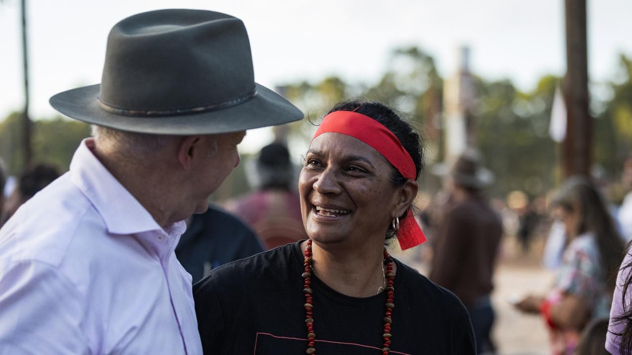 Nova Peris with Prime Minister Anthony Albanese during Garma Festival 2022 in East Arnhem, Australia. Picture: Tamati Smith/Getty Images