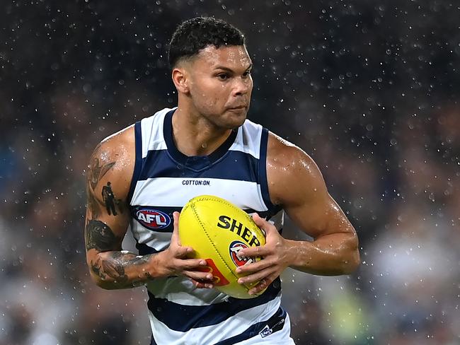 BRISBANE, AUSTRALIA - APRIL 20: Brandan Parfitt of the Cats in action during the round nine AFL match between Brisbane Lions and Geelong Cats at The Gabba, on April 20, 2024, in Brisbane, Australia. (Photo by Albert Perez/AFL Photos via Getty Images)