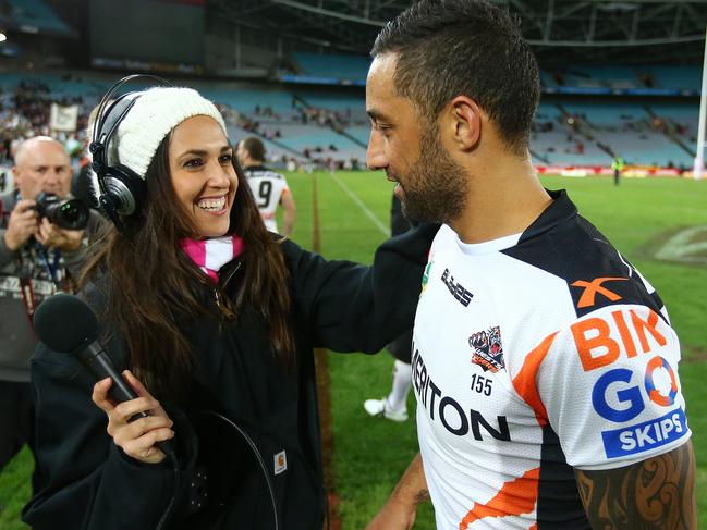 Zoe Marshall interviews husband Benji of the Wests Tigers for Triple M after the game.