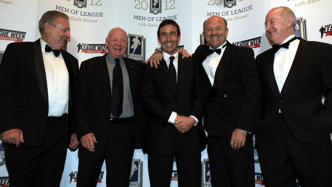 Andrew Johns (C) the 8th immortal, pictured with other immortals, Graeme Langlands, Bob Fulton, Wally Lewis and Johnny Raper.