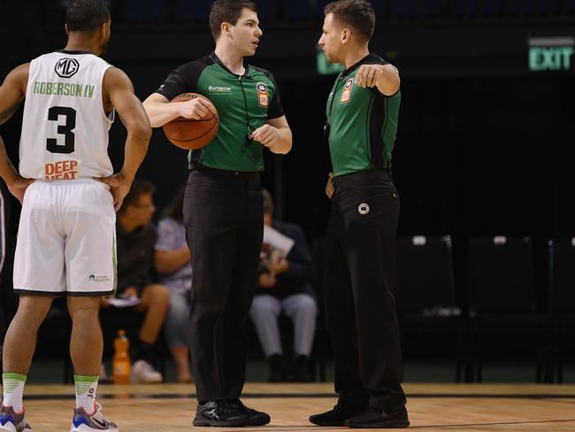 CHRISTCHURCH, NEW ZEALAND - DECEMBER 20: Referees James Grigoul and Mitch Hare (L-R) react during the round 12 NBL match between the New Zealand Breakers and the South East Melbourne Phoenix at Horncastle Arena on December 20, 2019 in Christchurch, New Zealand. (Photo by Kai Schwoerer/Getty Images)