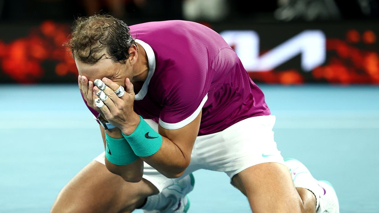 Nadal celebrates match point in his incredible comeback. Picture: Getty