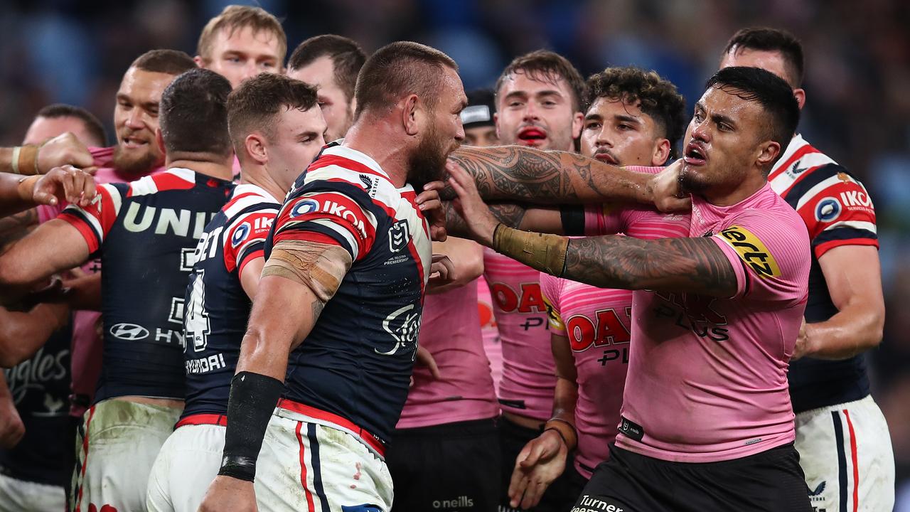 Panthers players weren’t happy with what Jared Waerea-Hargreaves said on Saturday night, as Spencer Leniu showed he’s ready for a State of Origin debut. Picture; Jason McCawley/Getty Images