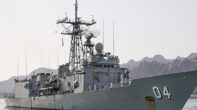 HMAS Darwin sails into Muscat, Oman. An Australian warship is to be deployed to the Strait of Hormuz. Picture: Supplied