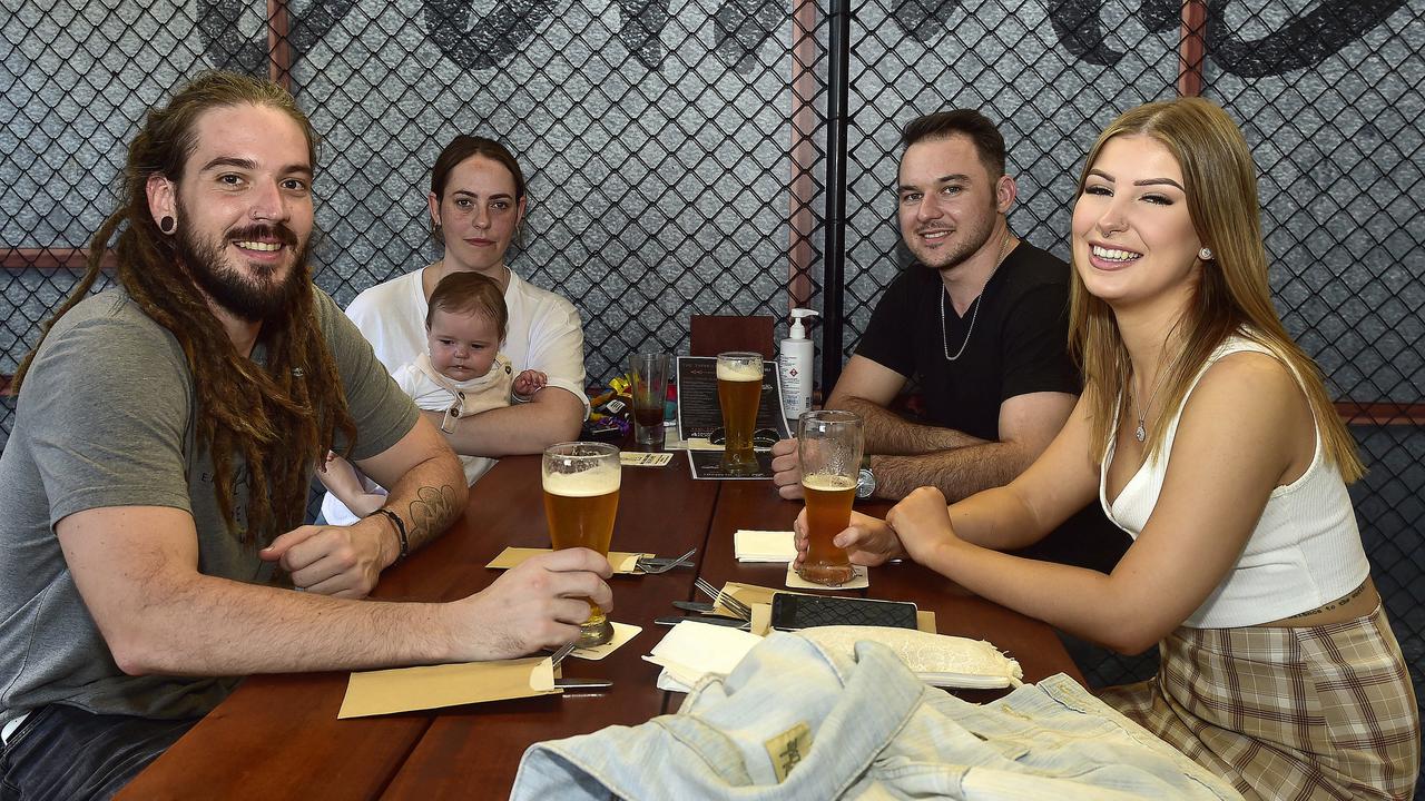 Aaron Henderson, Kattie Stone with Eloise, Dan Kerney and Kaitlyn Rayner at Taphouse. Local residents and tourists are supporting the hospitality industry as Covid-19 restrictions slowly lift. PICTURE: MATT TAYLOR.