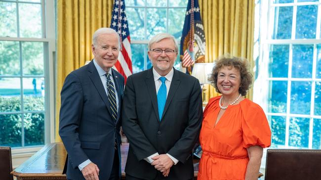 Ambassador of Australia to the United States Kevin Rudd and his wife Therese, with US President Joe Biden.