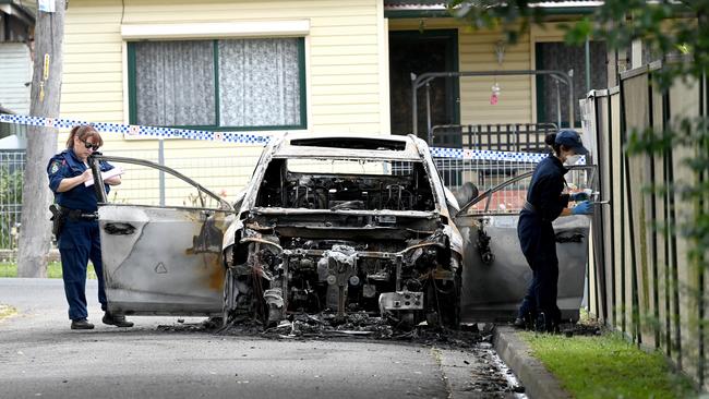 The burnt out car believed to be involved in the shooting. Picture: NCA NewsWire / Jeremy Piper