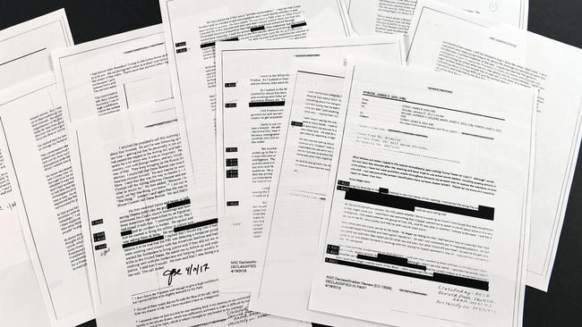 Copies of the memos written by former FBI Director James Comey released to Congress. Picture: AP.