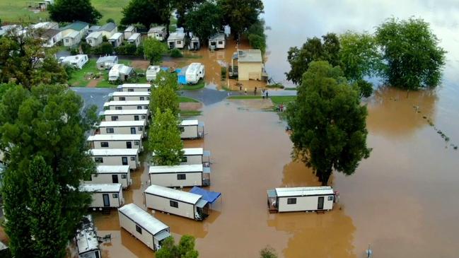 Drone video images of flooding of the Nepean River at Camden. Picture: TNV