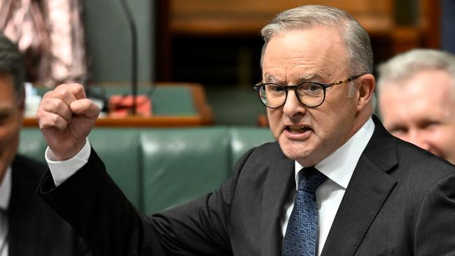 Prime Minister Anthony Albanese on the attack during question time at Parliament House in Canberra on Tuesday. Picture: AAP