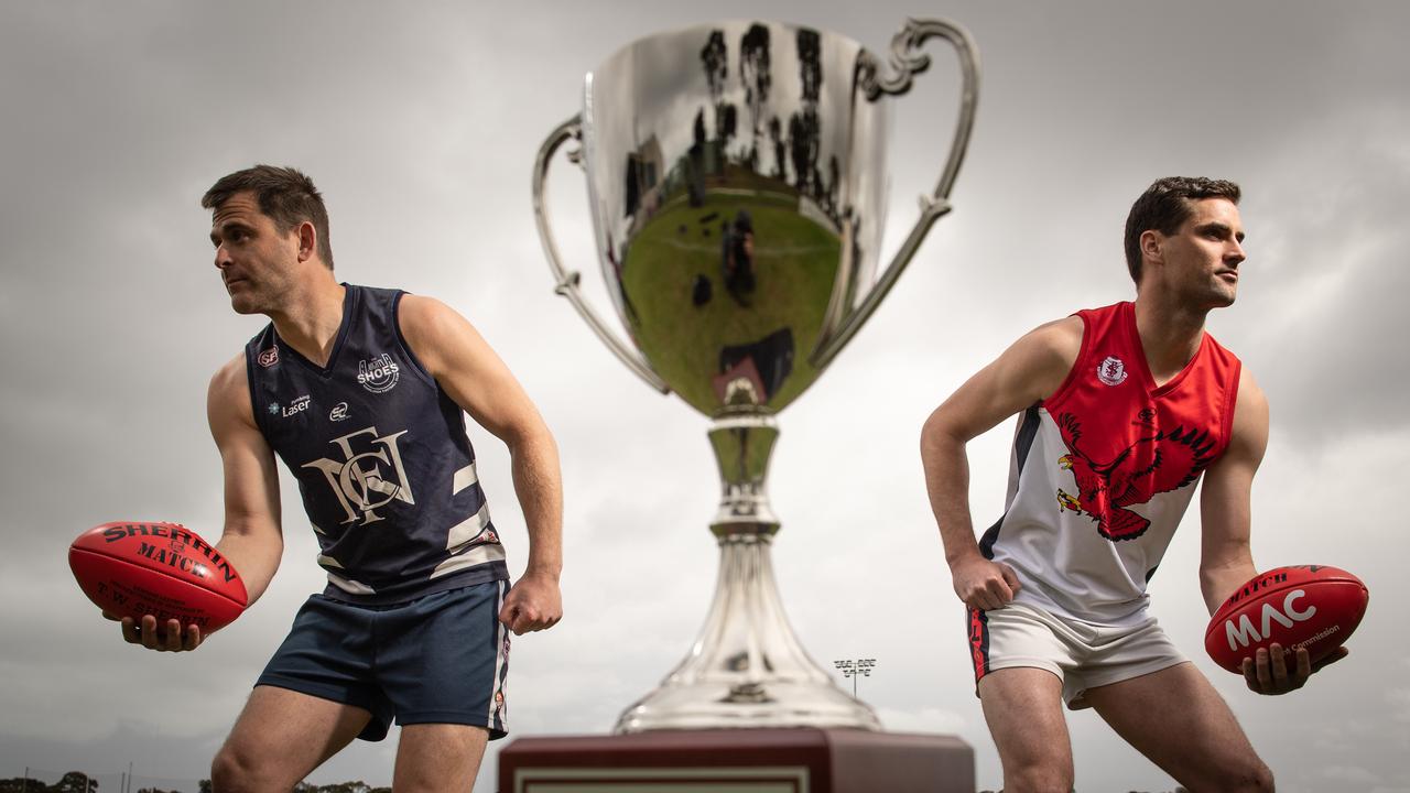 Southern Football League grand final preview. Noarlunga football club captain Tom Caudle with Flagstaff Hill football club captain David Kearsley at Flinders University Stadium where the will play off in the SFL grand final. Picture: Brad Fleet