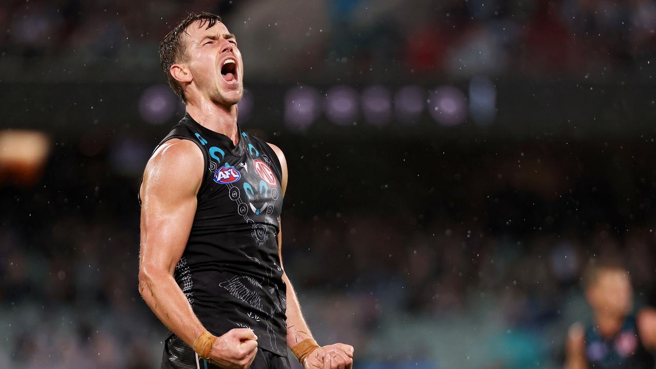 Trent Dumont celebrates a goal. Picture: James Elsby/AFL Photos via Getty Images