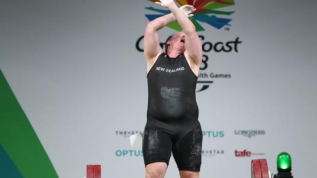 GOLD COAST, AUSTRALIA - APRIL 09:  Laurel Hubbard of New Zealand reacts as she drops the bar and injures herself in the Women's +90kg Final during the Weightlifting on day five of the Gold Coast 2018 Commonwealth Games at Carrara Sports and Leisure Centre on April 9, 2018 on the Gold Coast, Australia.  (Photo by Scott Barbour/Getty Images)