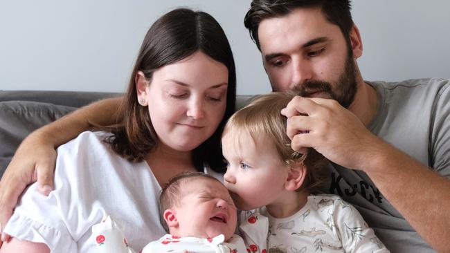 Curlewis bub Wren was born with a hole in her heart and will undergo surgery. Pictured with mum heart mum Kelsey Clark, brother Myles, 14 months old, and dad Adrian Vodopic. Picture: Mark Wilson