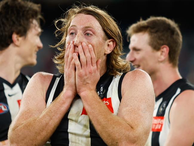 MELBOURNE, AUSTRALIA - SEPTEMBER 07: Nathan Murphy of the Magpies celebrates during the 2023 AFL First Qualifying Final match between the Collingwood Magpies and the Melbourne Demons at Melbourne Cricket Ground on September 07, 2023 in Melbourne, Australia. (Photo by Dylan Burns/AFL Photos via Getty Images)