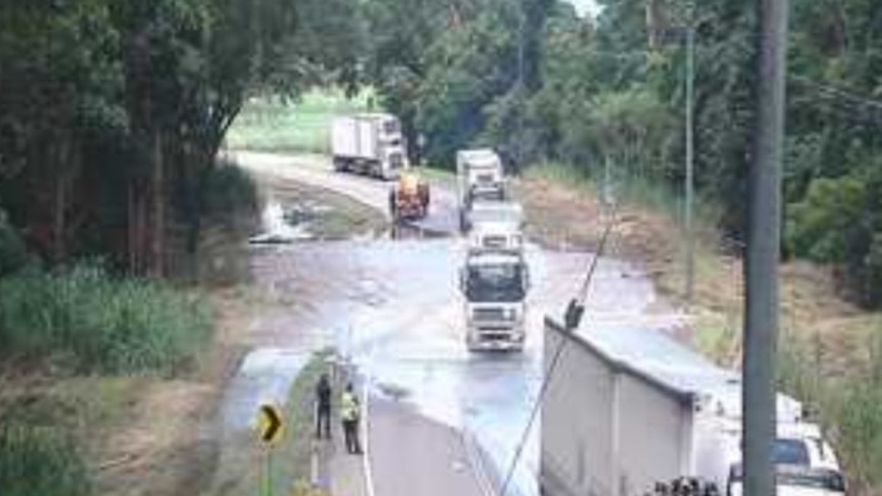 The flood camera at Gairloch Washaway captured the first trucks crossing the reopened stretch of the Bruce Highway once again connecting supply lines from Townsville to Cairns. Photo: Dylan Nicholson