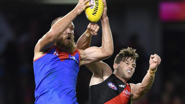 Max Gawn outmarks Patrick Ambrose.