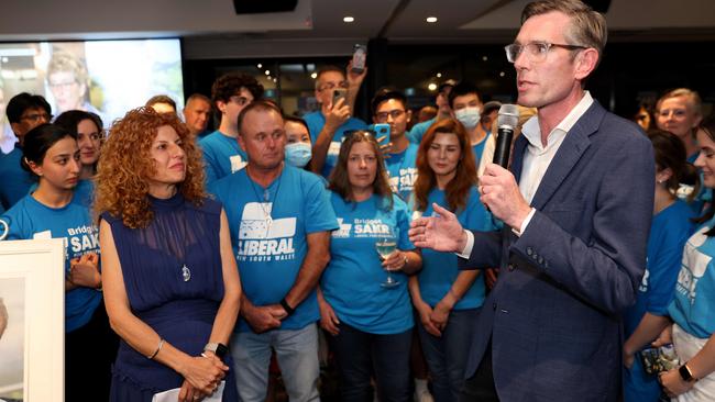 Premier Dominic Perrottet and Bridget Sakr at the post-vote party after the February 12 by-election. Ms Sakr lost the race but the premier had vowed she’d run and win again in 2023. Picture: Damian Shaw