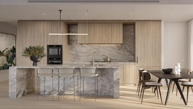 An artist's impression of the kitchen in one of the apartments of The Prescott by Mosaic Property Group.