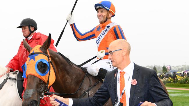 Opie Bosson rides Melody Belle back to scale after winning the Empire Rose Stakes. Picture: Getty Images