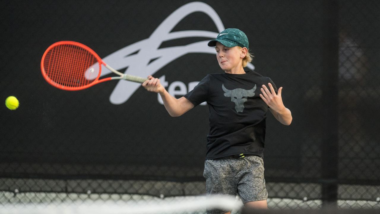 Jeffrey Strydom competes in an under-12 boys quarter final against Asher Brownrigg in the Rafa Nadal Tour at the Toowoomba Regional Tennis Centre, Sunday, May 2, 2021. Picture: Kevin Farmer