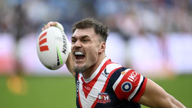 Angus Crichton of the Roosters celebrates scoring a try. Picture: Gregg Porteous