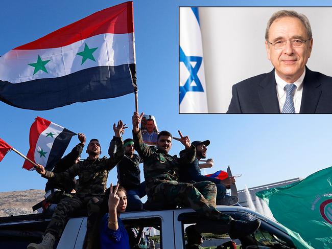 Israel ambassador Mark Sofer, inset. Main picture: anti-US protesters wave flags of Iran, far left, and Syria. AFP