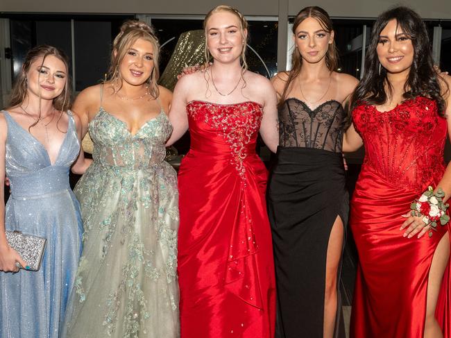 Paige Francis, Hannah Hardy, Tyra Cleary, Abbie Boulton and Ruby Beatty at Sarina State High School formal Wednesday 13 November 2024 Picture:Michaela Harlow