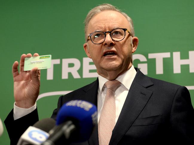 MELBOURNE, AUSTRALIA - NewsWire Photos FEBRUARY 26, 2025: Prime Minister Anthony Albanese hold up a Medicare Card during a press conference at the Urgent Care Clinic at the Goonawarra Medical Centre in Sunbury. Picture: NewsWire / Andrew Henshaw