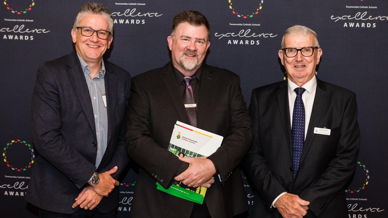 Emerging Leadership Award recipient Mark Baker (centre) at the 2023 Toowoomba Catholic Awards.