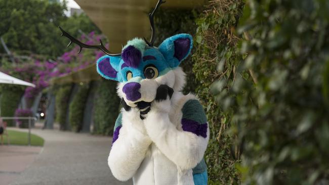 Qweekend story on Furries, people who create animal personas and wear full fur suits to match their 'fursona'. They are having their first South Bank Fur Meet since COVID. Griffin Watson 20, ‘Salva’ Pic Mark Cranitch.