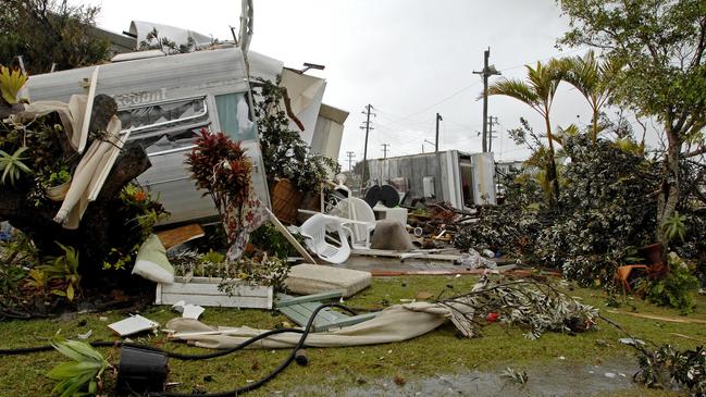 The trail of destruction at the Lake Ainsworth Caravan park that was picked up by the tornado that hit Lennox Head