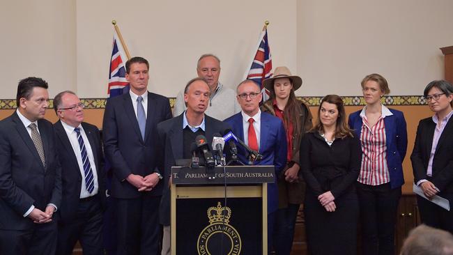 In July, Jay Weatherill (seen next to SA irrigator Sam Dodd) and Ian Hunter were joined by South Australian senators — Labor’s Penny Wong, the Greens’ Sarah Hanson-Young, Australian Conservatives leader Cory Bernardi and then senator Nick Xenophon — in calling for a judicial inquiry into the alleged water theft.