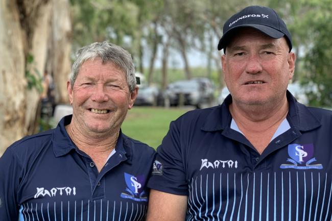 Russell Houston of Mackay and Neil Harris of Mackay at the Slade Point Slashers v Moranbah Bulls in Mackay Rugby Union Round 4 Seniors A-Grade Anzac Day clash at Cathy Freeman Oval in Slade Point. Saturday, April 23, 2022. Picture: Tara Miko