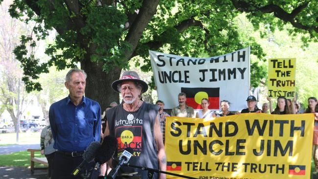 Bob Brown and Uncle Jim Everett Puralia Meenamatta speak to the media following Mr Everett's arrest for trespass. Picture: Elise Kaine