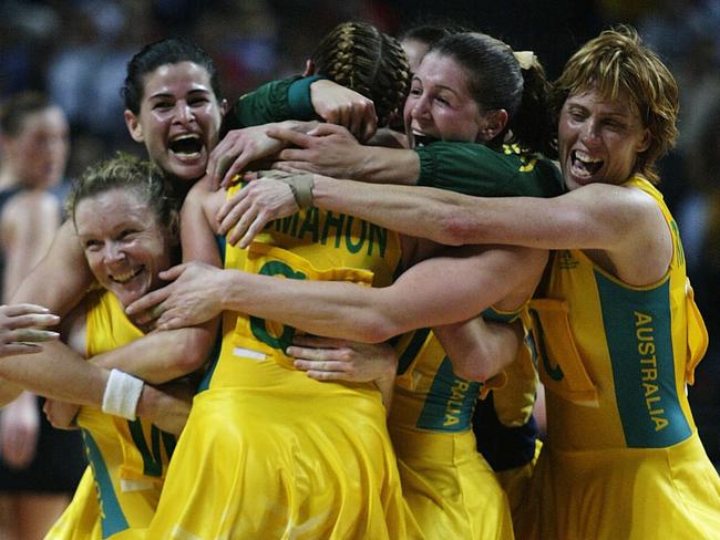 FEE APPLIES Aust netballers after win.Netball - Australia vs New Zealand final match at 2002 Commonwealth Games in Manchester 04 Aug 2002.(Pic: Stuart Hannagan Getty Images)