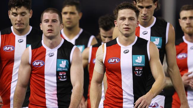 AFL Round 10. 22/05/2021.  Western Bulldogs vs St Kilda at Marvel Stadium.  Disappointed St Kilda players walk off Marvel Stadium after tonights loss  .  Pic: Michael Klein